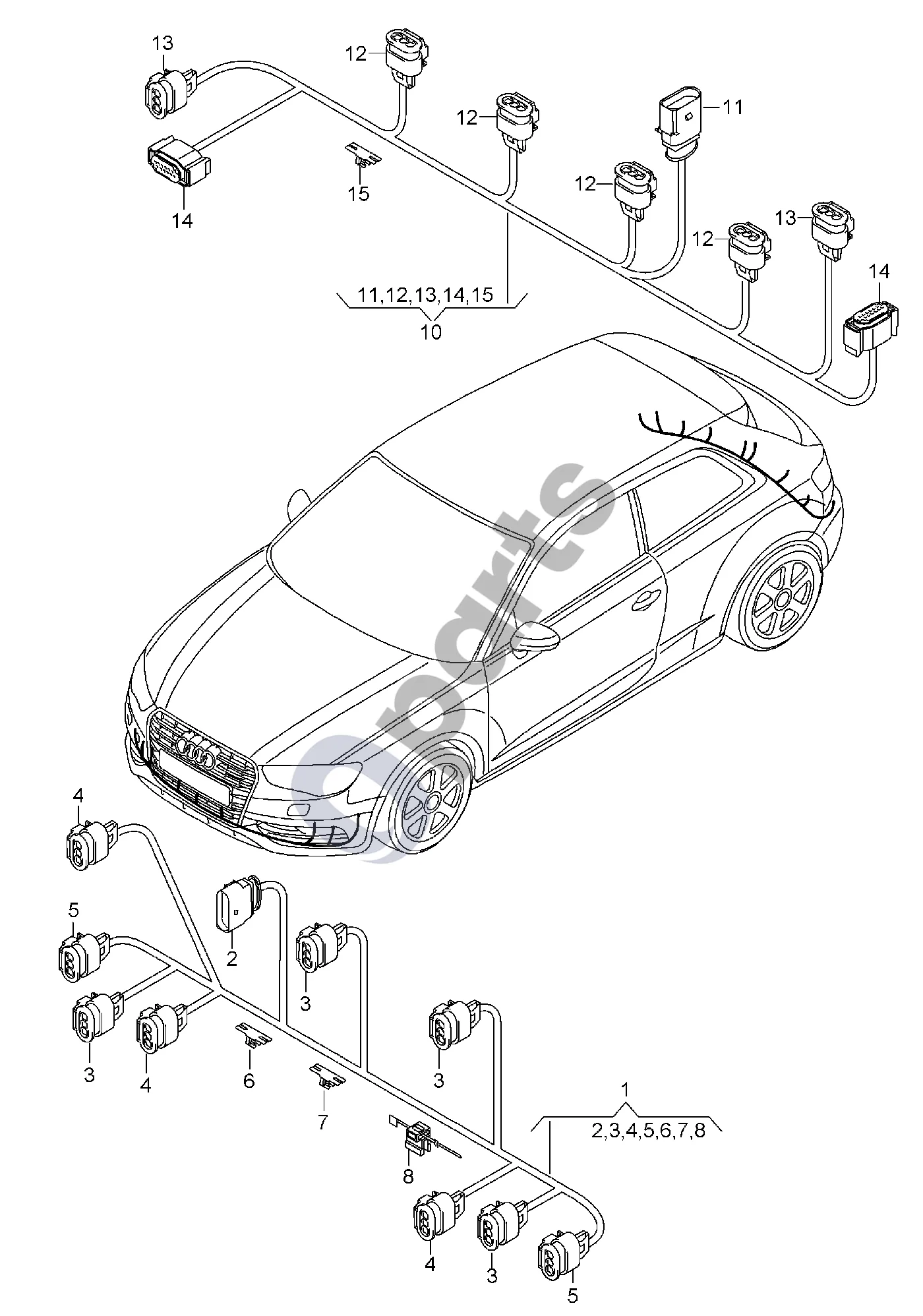 Audi A3 S3 8V (2013–2019) Bamperio laidų komplektas schema – pozicija 14: Plokščių kontaktų korpusas su kontaktų fiksavimo mechanizmu; Jungiamoji detalė; Eismo juostos keitimo asistento valdymo blokas