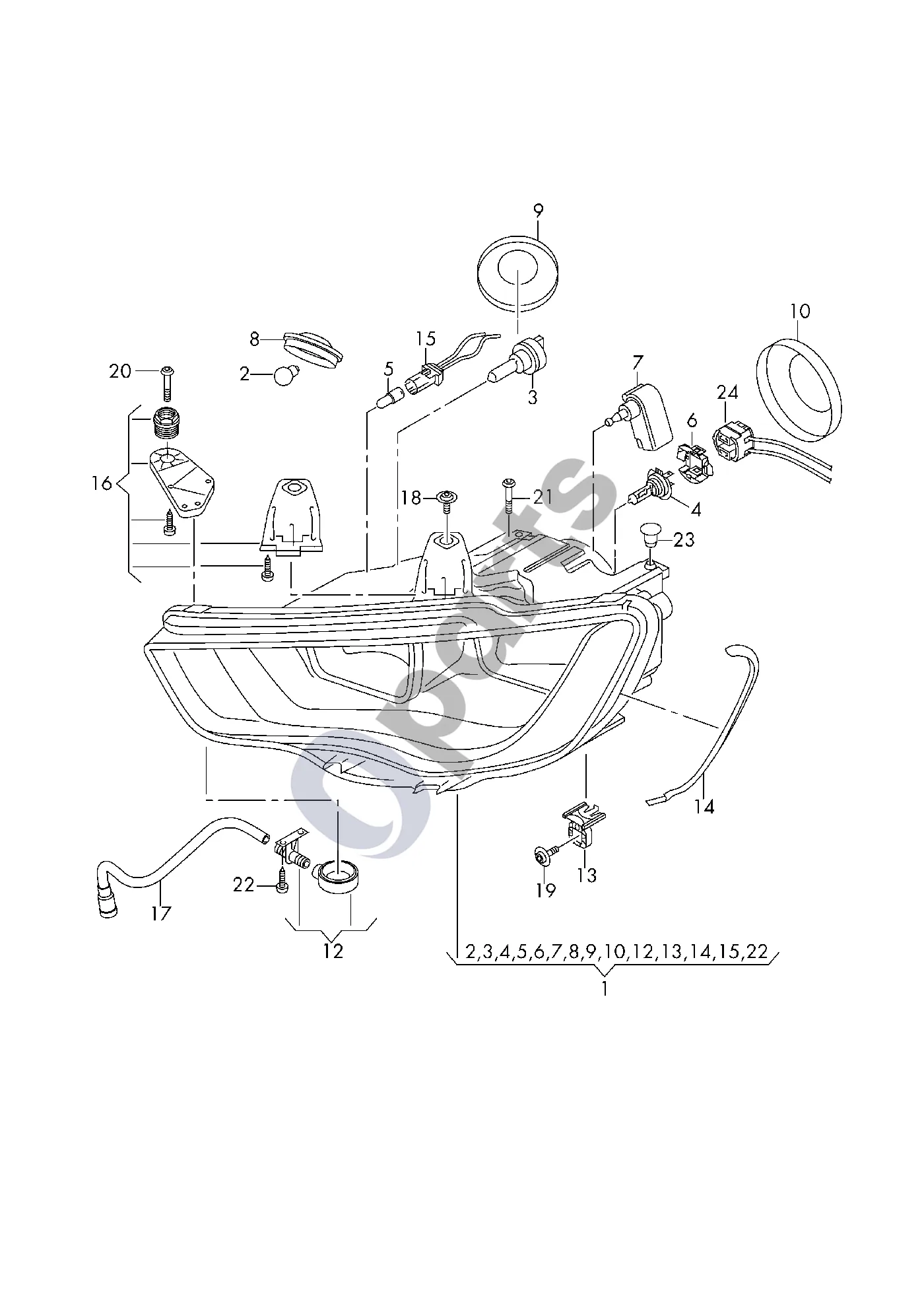 Audi A3 S3 8V (2013–2019) Halogeninis žibintas schema – pozicija 9: Dangtelis; Tolimosioms šviesoms