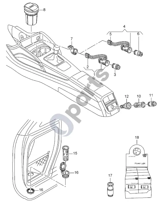 Audi A3 S3 8V lizdas; cigarečių degiklis; centrinė konsolė – schema