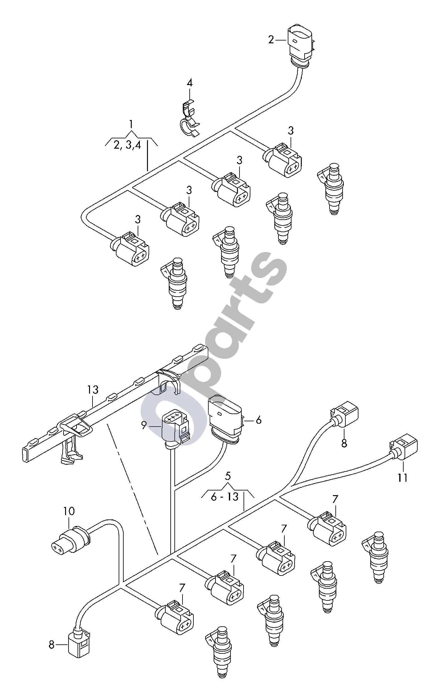 Audi A3 S3 8V (2013–2019) Purkštuko laidų pynė schema – pozicija 1: Purkštukų laidų pynė