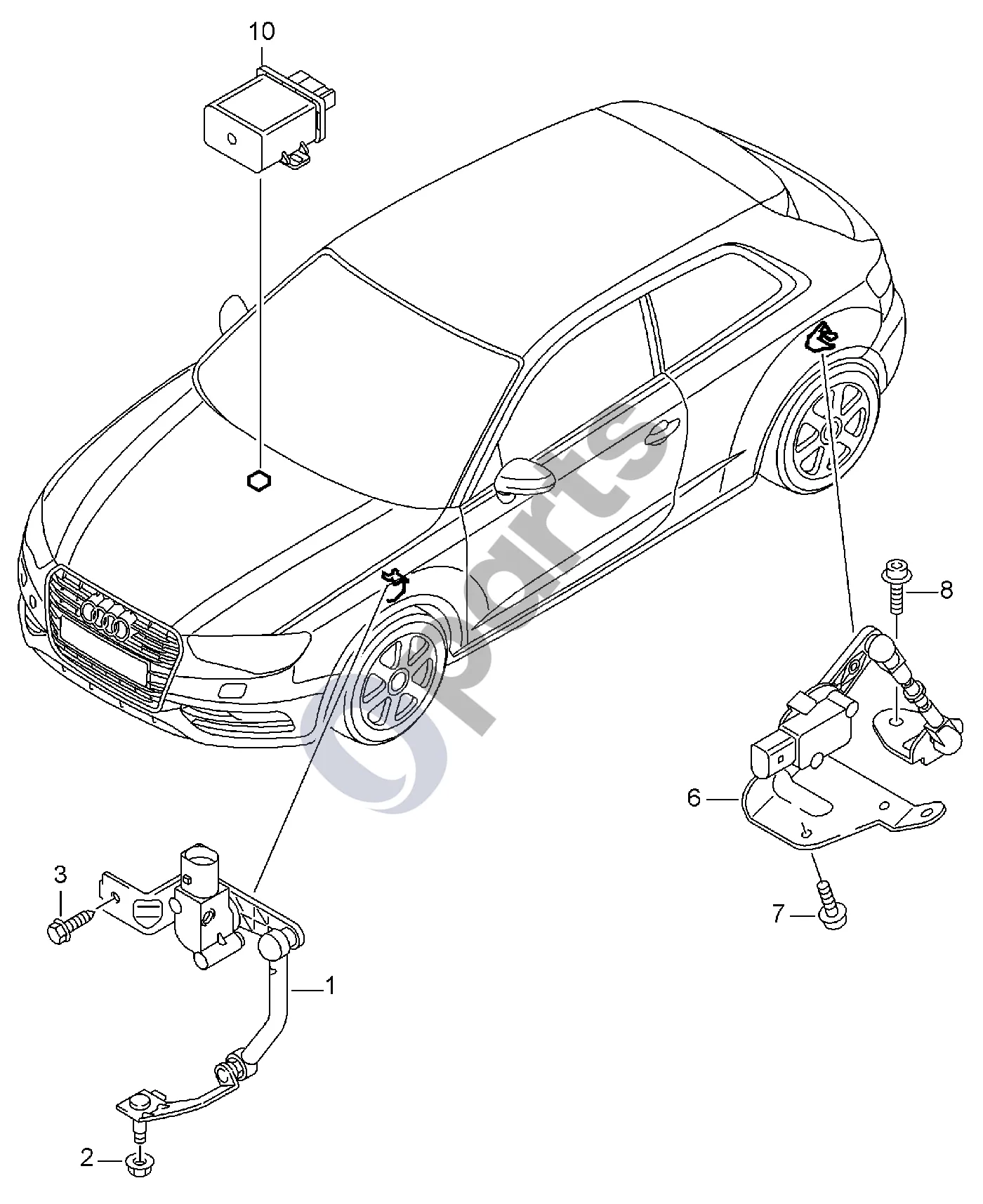 Audi A3 S3 8V (2013–2019) Žibintų aukščio reguliavimo jutiklis schema – pozicija 1: Lygio jutiklis su kontaktais