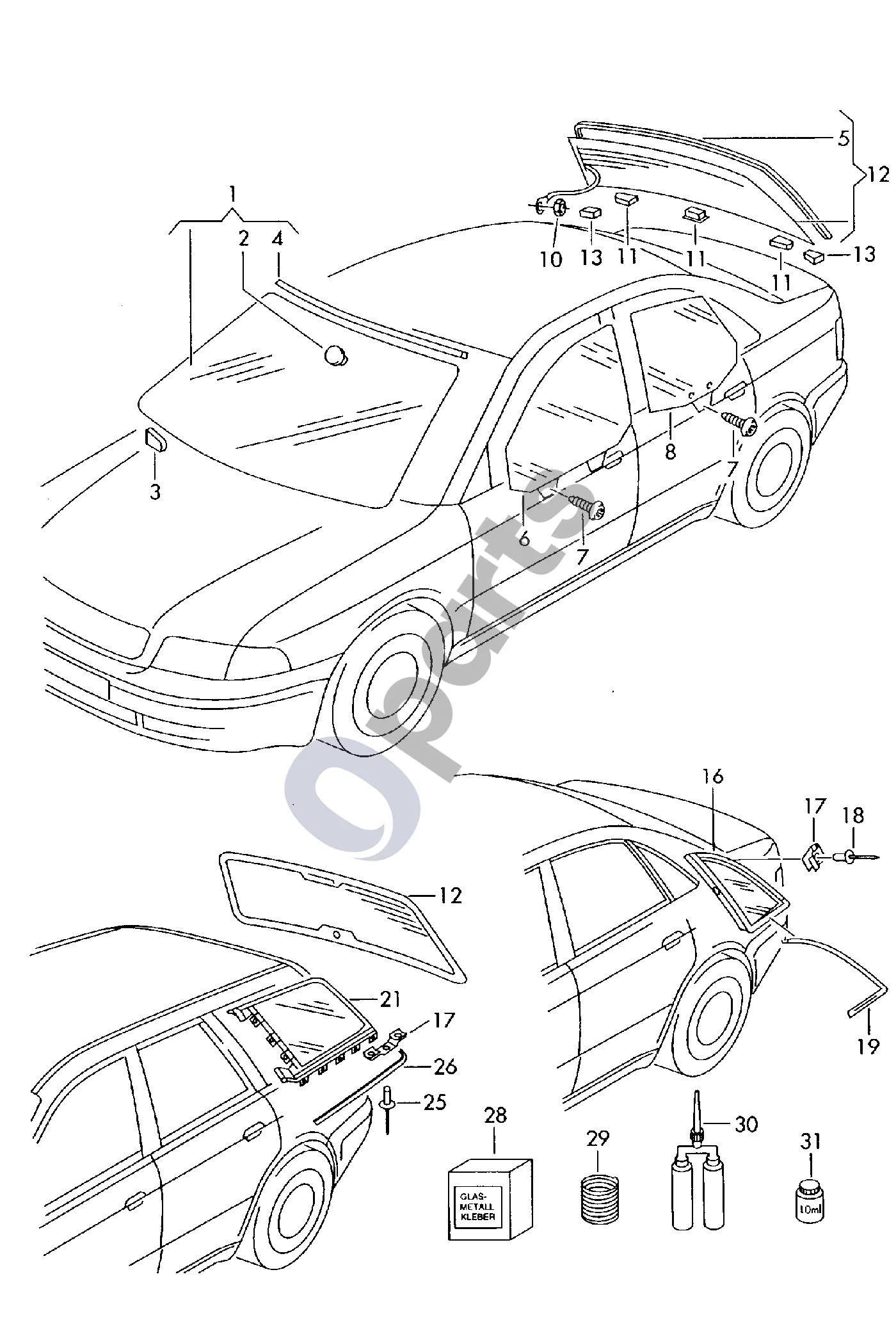 Audi A4 S4 B6 8E 8H (2001–2005) Durų stiklas schema – pozicija 19: Šoninio lango apdailos juostos