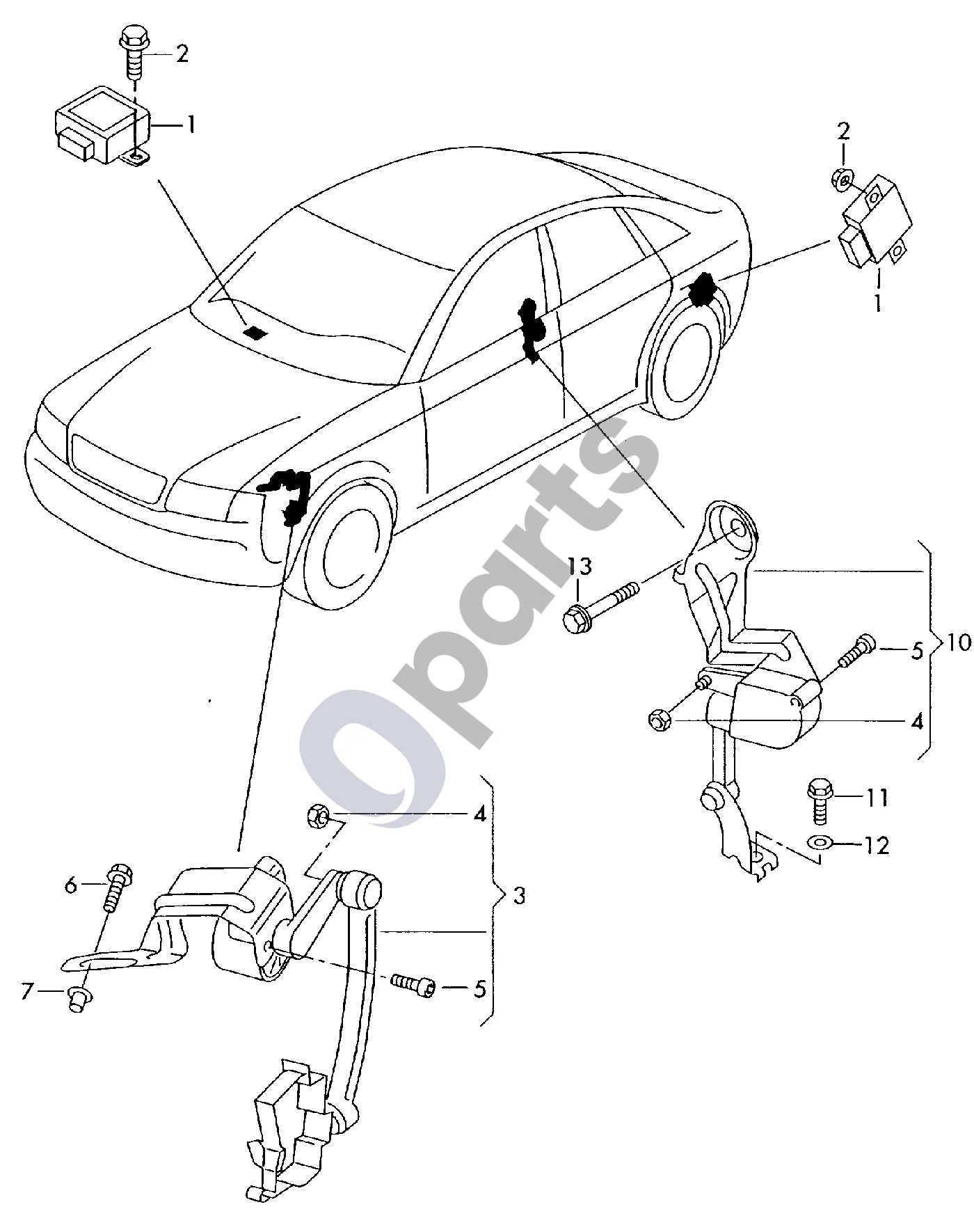 Audi A4 S4 B7 8E 8H (2005–2008) Automatinio žibintų aukščio reguliavimo valdymo blokas schema – pozicija 3: Lygio daviklis