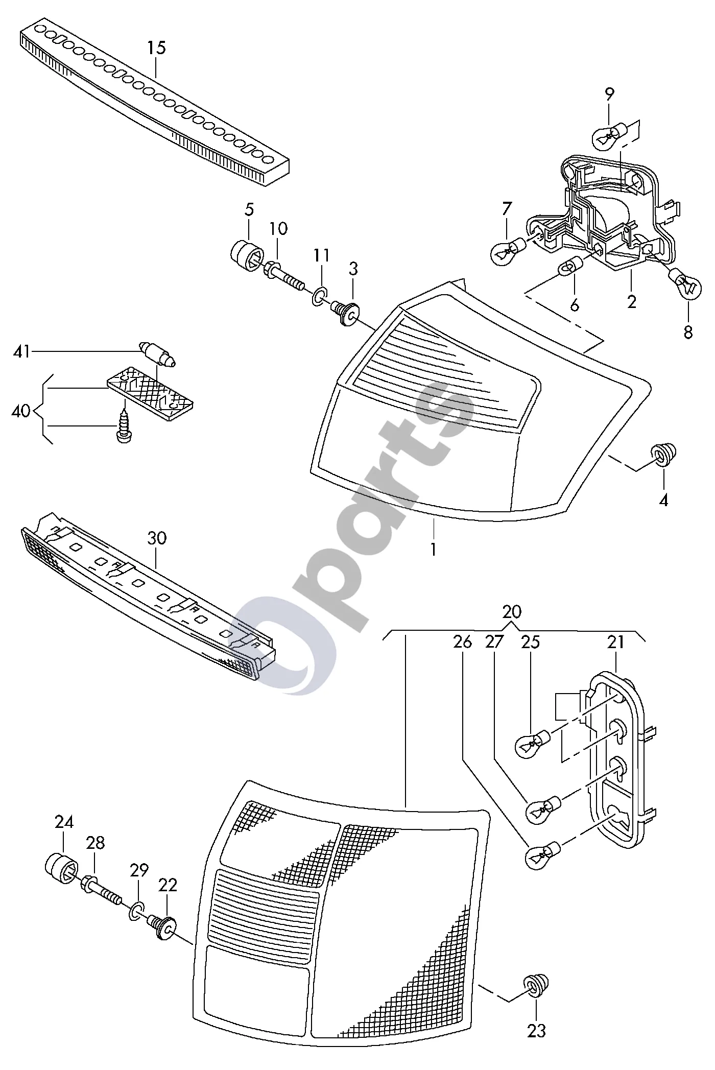Audi A4 S4 B7 8E 8H (2005–2008) Galinis žibintas schema – Lemputės laikiklis