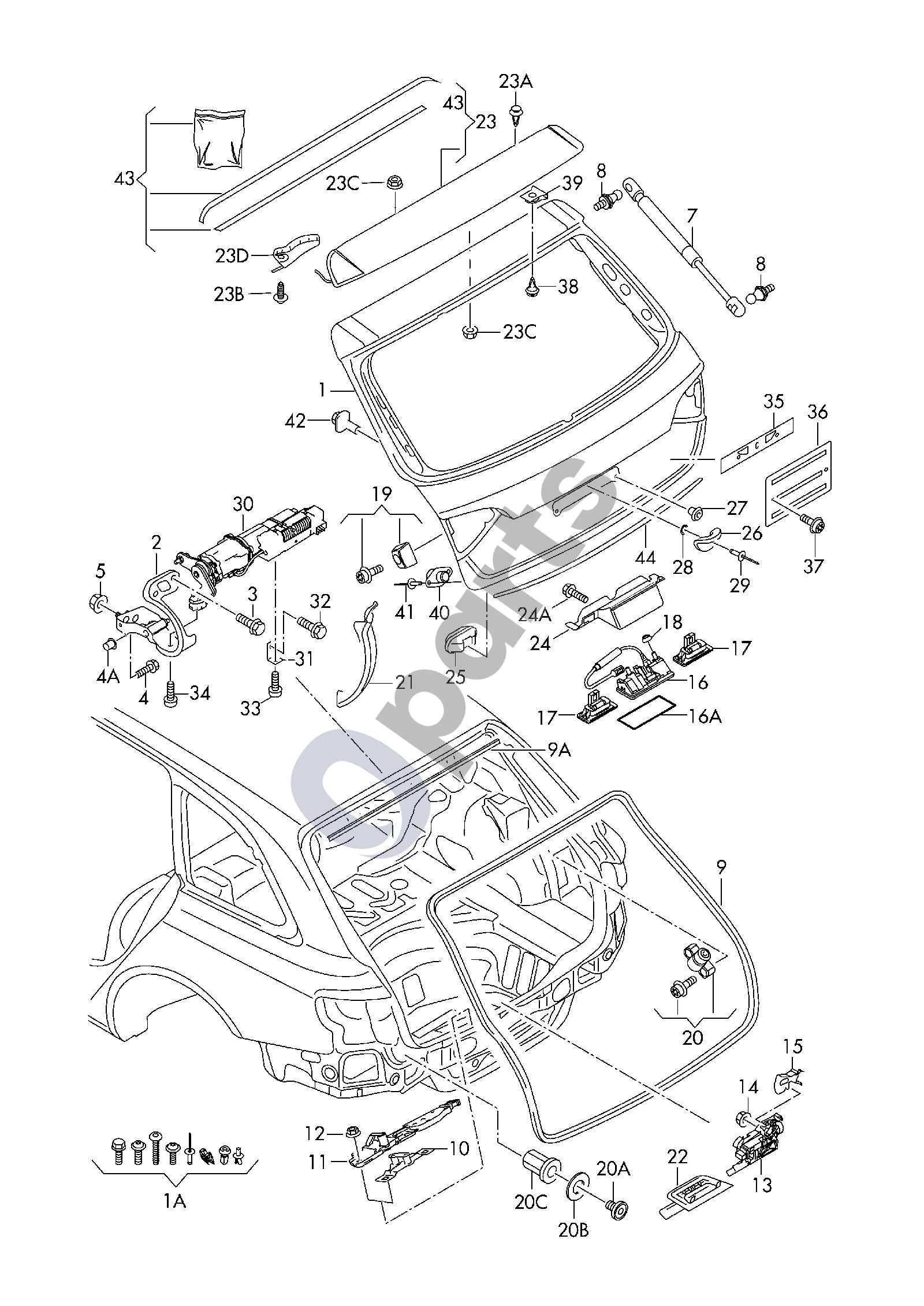 Audi A4 S4 B8 8K (2008–2015) Galinis dangtis (A4 B8 TYP 8K A4 B8 TYP 8K__8K20CH 6119, A4 S4 B8 TYP 8K A4 S4 B8 TYP 8K__8K20CH 6119) schema – Pavaros mechanizmas; Galiniam dangčiui; Naudoti tik kartu su:; Taip pat naudoti: