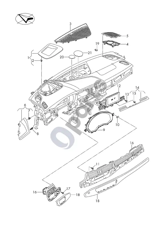 Audi A4 S4 B9 8W prietaisų skydelio tvirtinimo detalė – schema