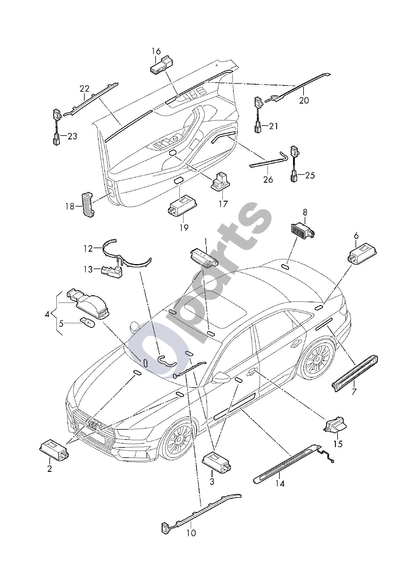 Audi A4 S4 B9 8W (2019–) Veidrodėlio apšvietimas schema – pozicija 4: Žibintas