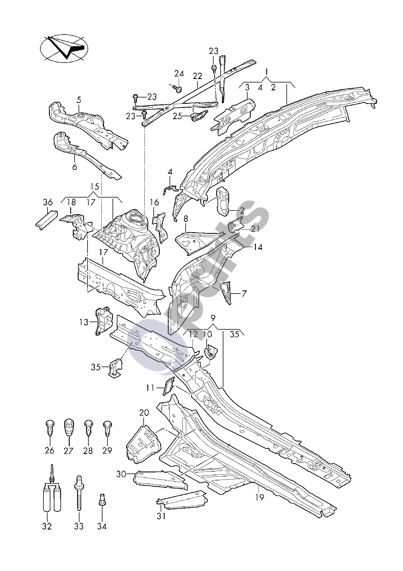 Audi A5 (2024–) Lonžeronas; skersinė plokštė schema – pozicija 9: Lonžeronas