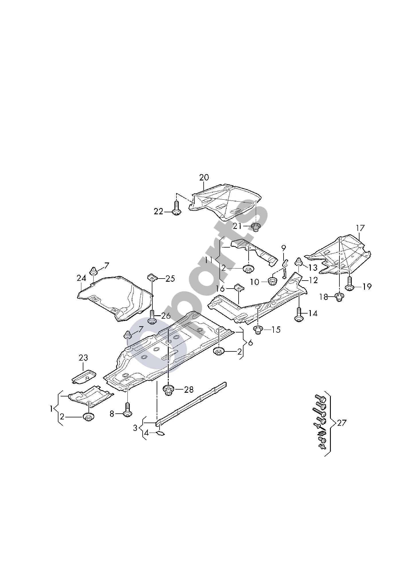 Audi A5 (2016–2024) Apatinė kėbulo apdaila schema – Dugno apdaila