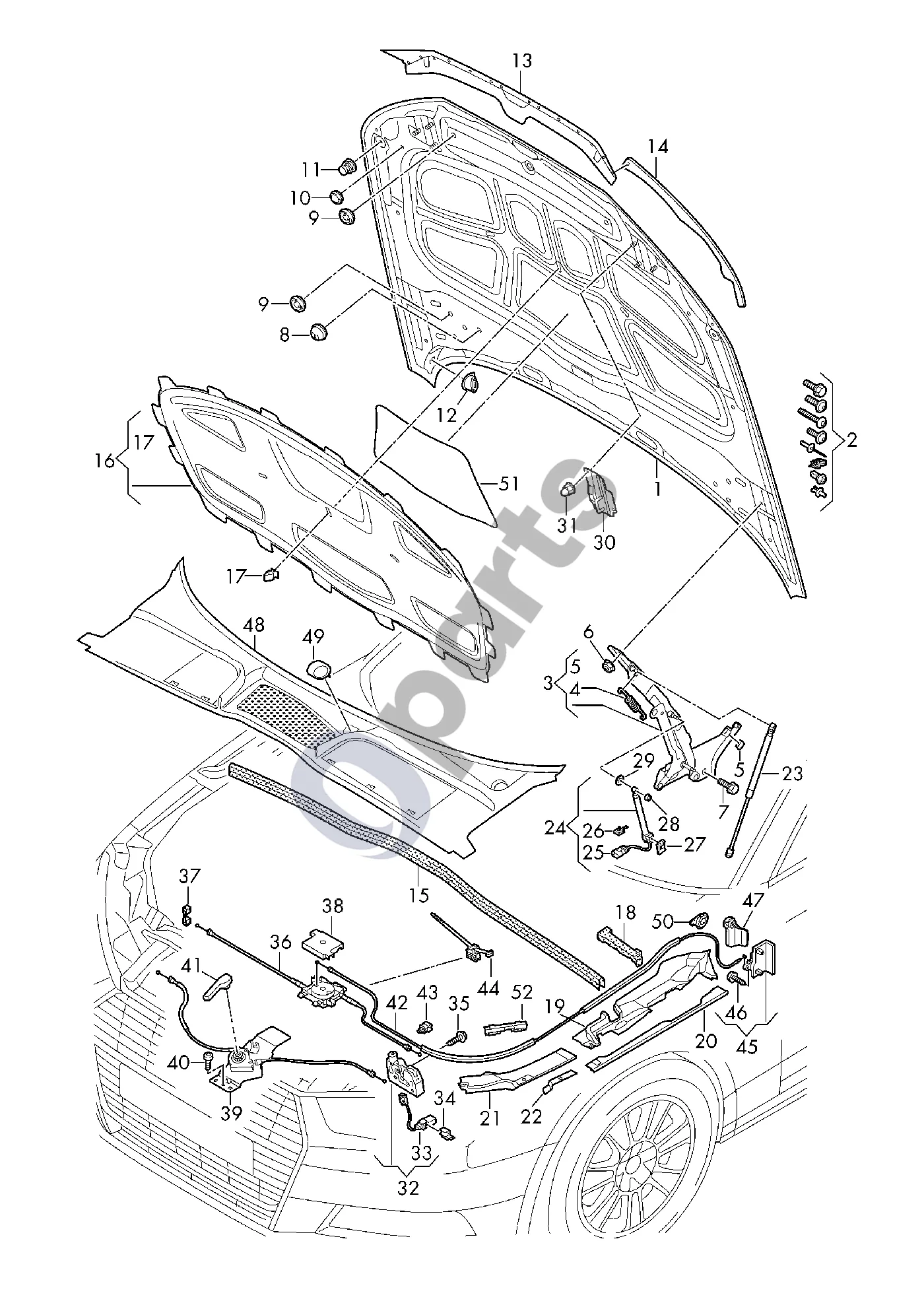 Audi A5 (2016–2024) Variklio dangtis schema – pozicija 22: Dangtis