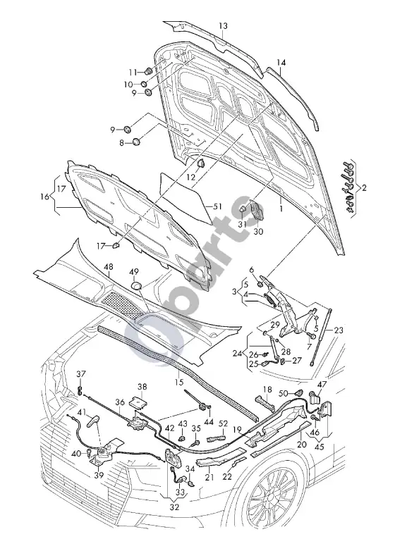 Audi A5 variklio dangtis – schema