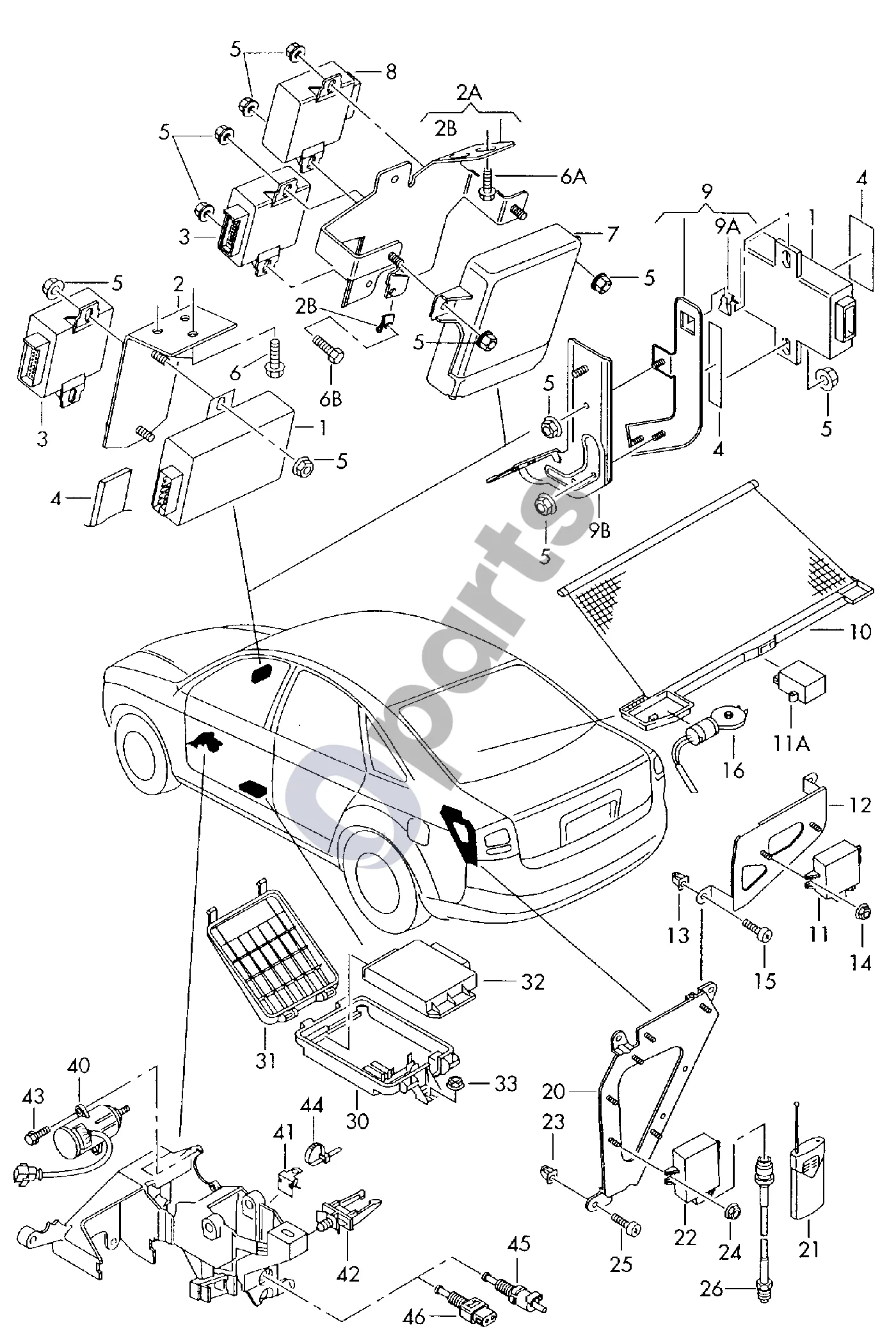 Audi A6 Allroad C5 (1999–2005) Control unit for memory seat and backrest adjustment; control unit; for vehicles with selectable low ratio gearbox; control unit for electrically adjustable steering wheel; control unit for headlight range control schema – Valdymo bloko laikiklis