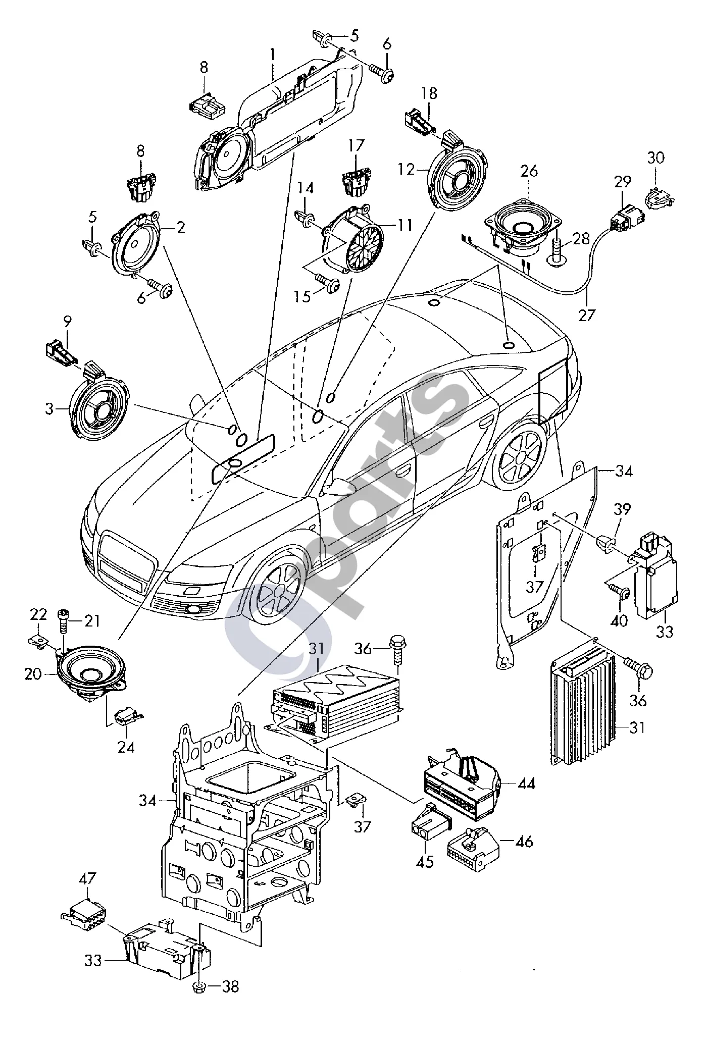 Audi A6 Allroad C6 (2006–2011) Garsiakalbis; durų schema – Vidutinių ir žemų dažnių garsiakalbis; Automobiliams su Bose garso sistema F >> 4F-7-062 000*