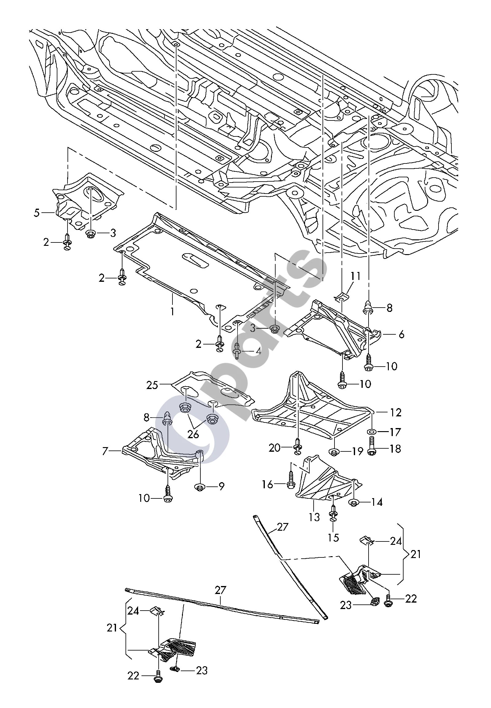 Audi A6 C7 (2011–) Apatinė kėbulo apdaila schema – Dugno apdaila D - 16.05.2012>>