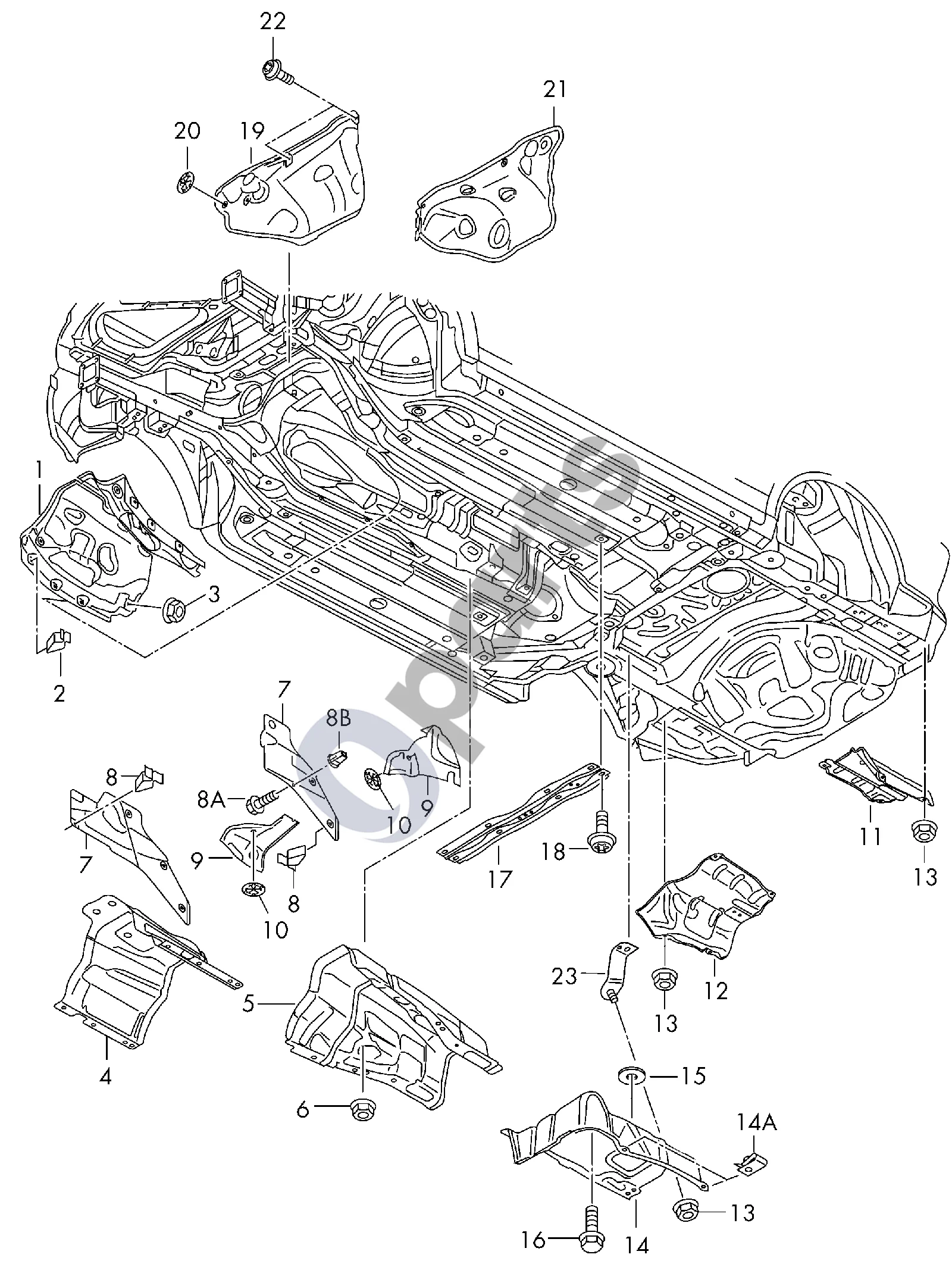 Audi A6 C7 (2011–) Grindų šilumos skydas schema – pozicija 14: Vidurinio duslintuvo šilumos skydas
