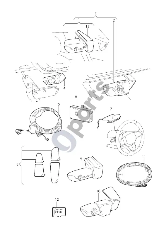 Audi A6 C7 originalus priedas; aplinkos stebėjimo kamera – schema