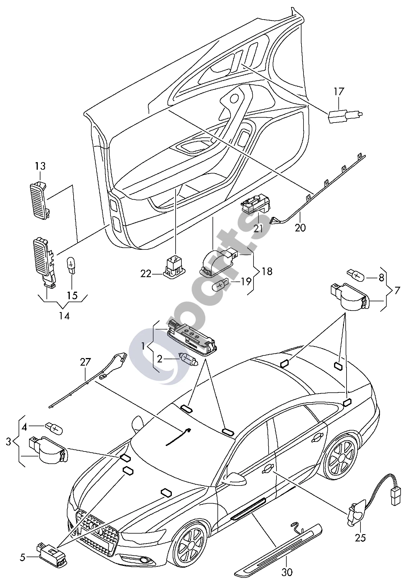 Audi A6 C7 (2011–) Veidrodėlio apšvietimas schema – Kontūrinis apšvietimas; Durų rankena, išorinė