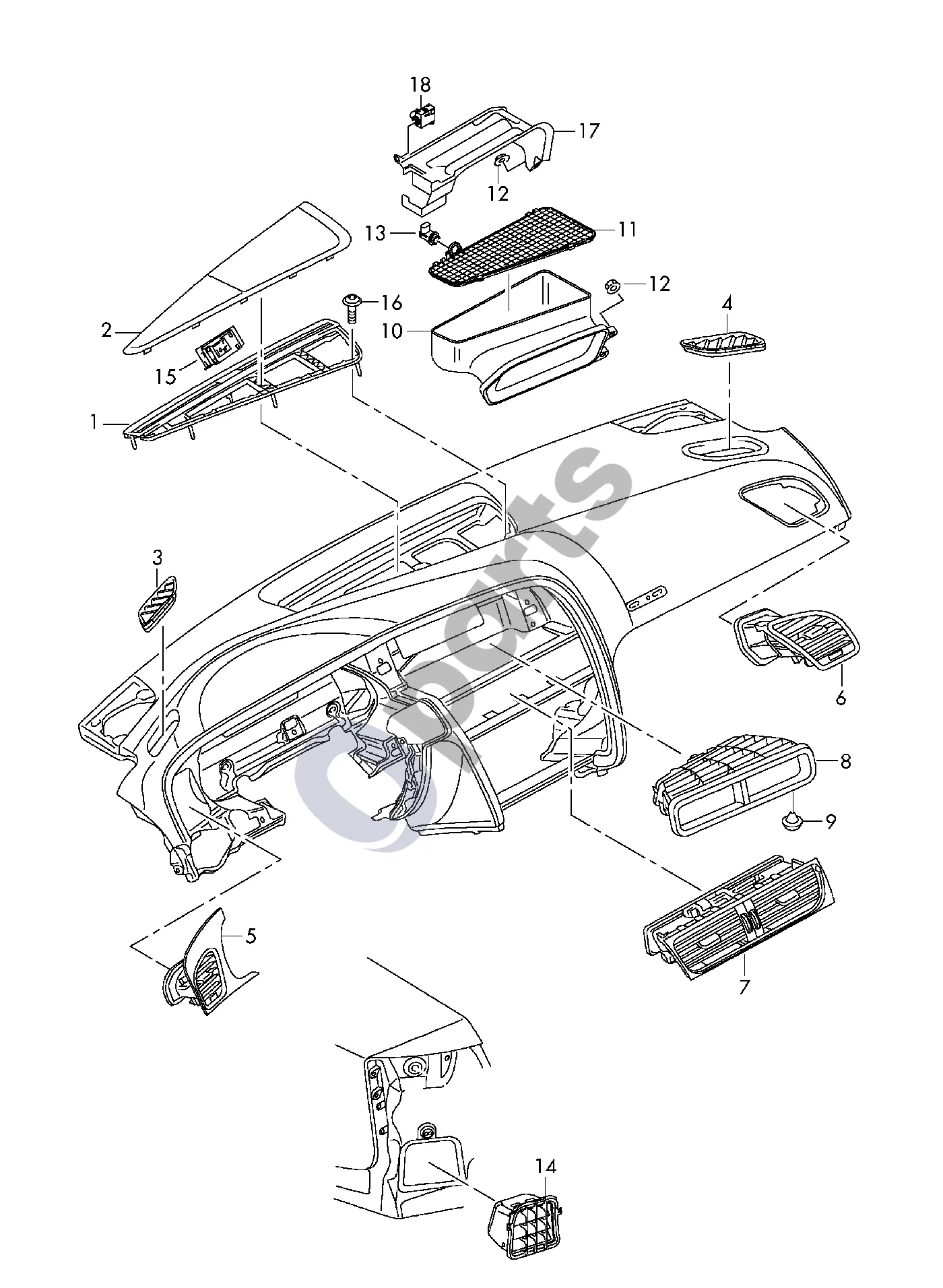 Audi A6 C7 (2011–) Ventiliacijos anga schema – pozicija 11: Lapų grotelės