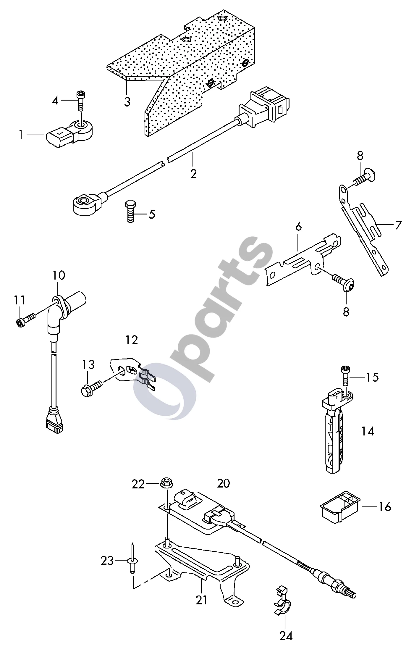 Audi A6 etron 85E (2024–) Detonacijos jutiklis schema – pozicija 2: Detonacijos jutiklis su laidų pyne; F >> 4L-9-012 000*; Naudoti kartu:; Laidų pynės laikiklis
