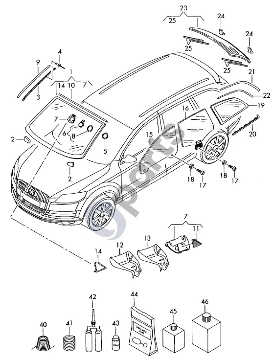 Audi A6 etron 85E durų stiklas – schema
