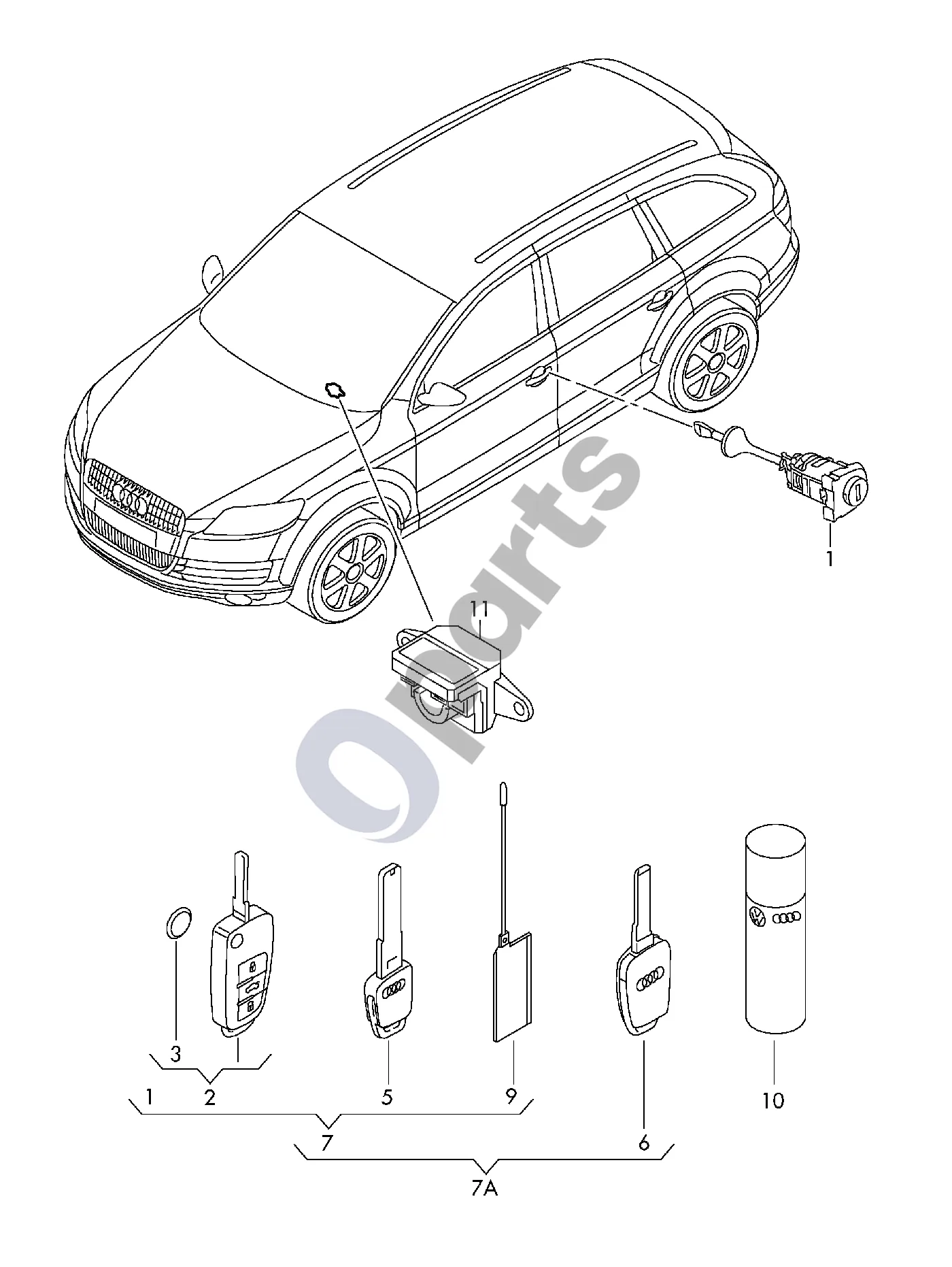 Audi A6 etron 85E (2024–) Spynelės cilindras; raktas schema – pozicija 1: Spynelės cilindras su korpusu; * norint išlaikyti vieno rakto sistemą, užsakant būtina nurodyti važiuoklės numerį