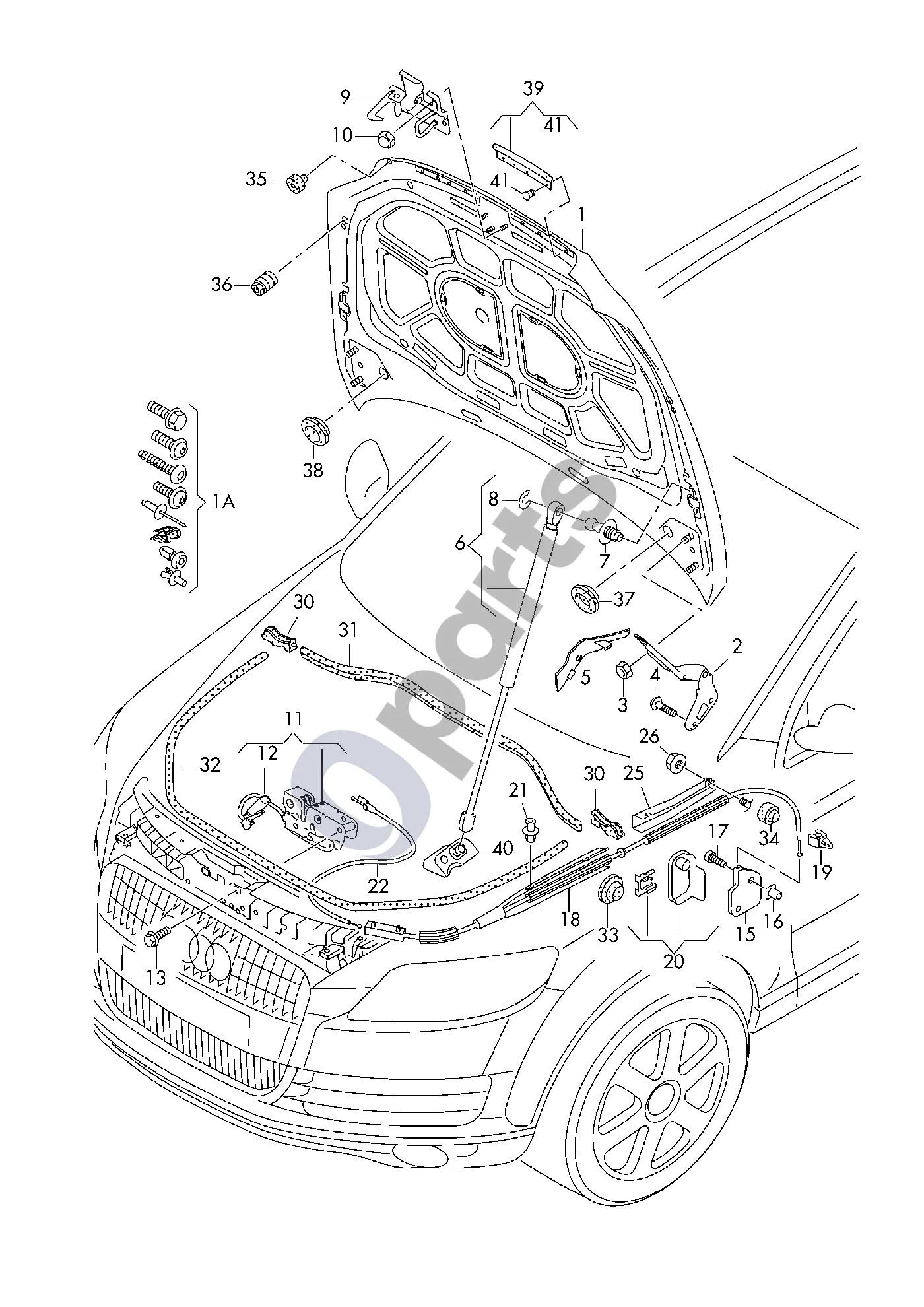 Audi A6 etron 85E (2024–) Variklio dangtis schema – Dangčio spynos trosas; Naudoti, jei reikia: