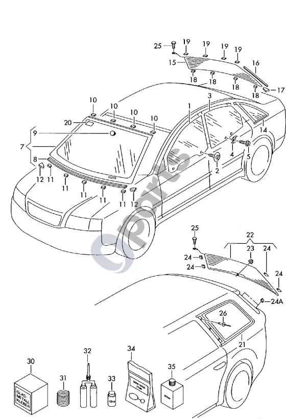 Audi A6 S6 C5 4B lango stiklas – schema