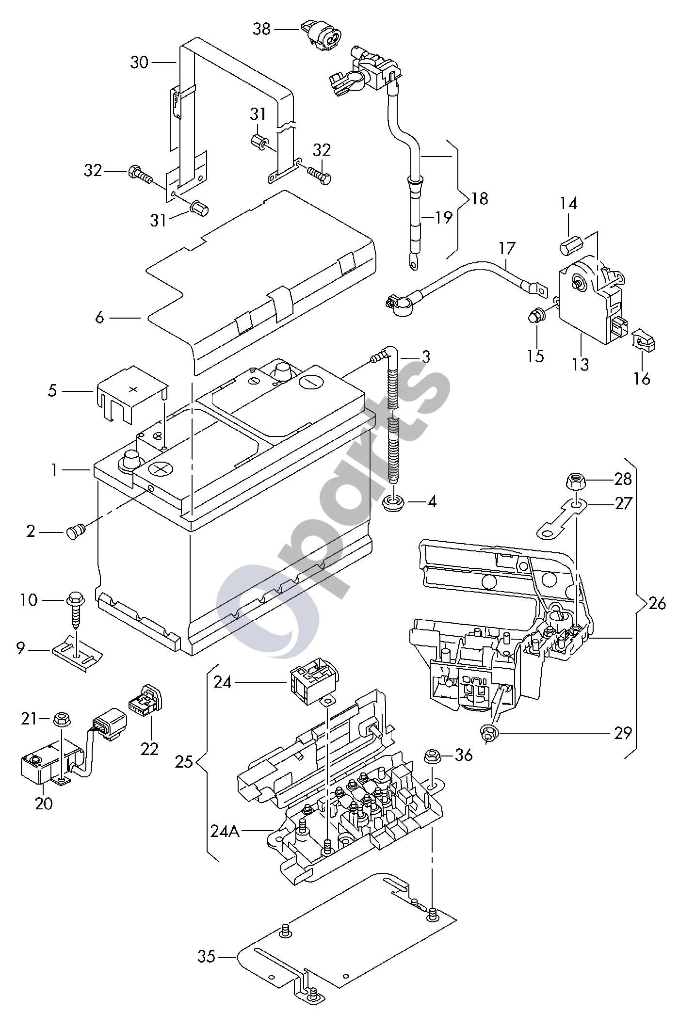 Audi A6 S6 C6 4F (2004–2011) Akumuliatorius; akumuliatoriaus stebėjimo valdymo blokas schema – pozicija 9: Akumuliatoriaus tvirtinimo juosta