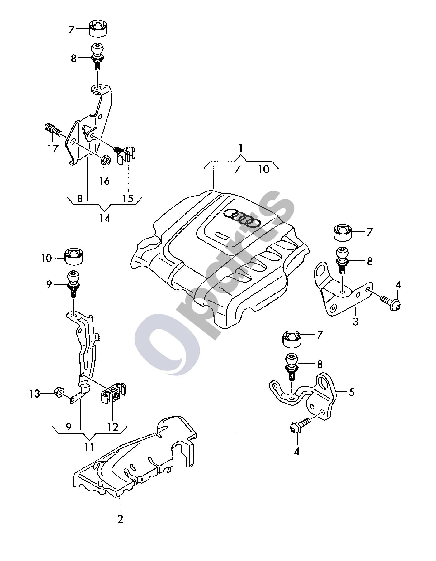 Audi A6 S6 C6 4F (2004–2011) Įsiurbimo kolektoriaus dangtis schema – pozicija 1: Dangtis