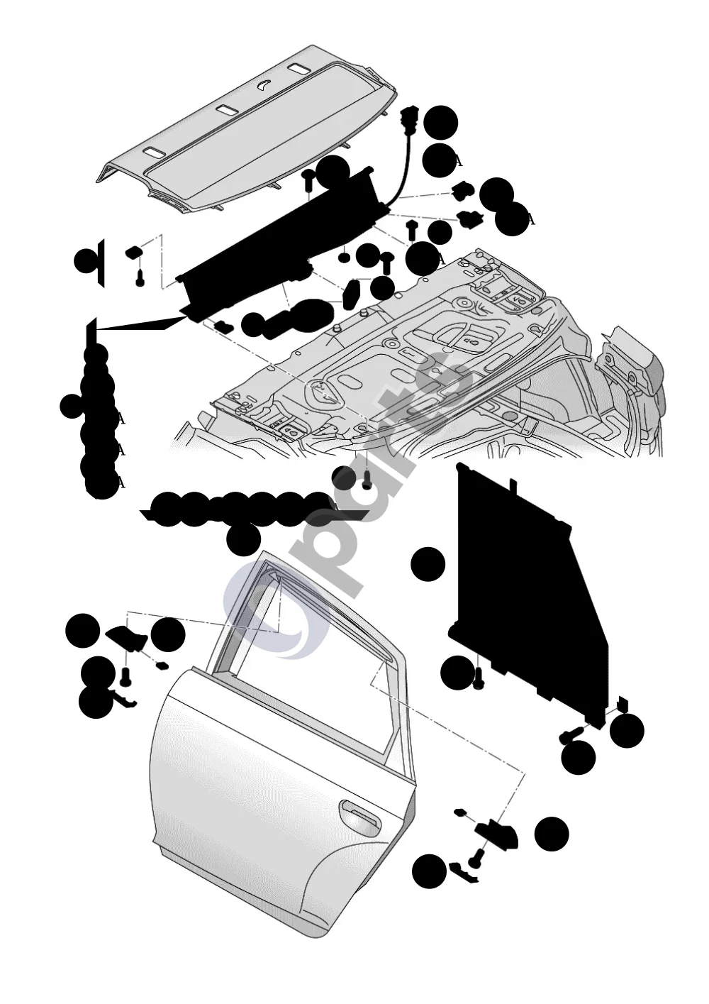 Audi A6 S6 C6 4F (2004–2011) Ritininė užuolaida nuo saulės schema – pozicija 5: Varžtas su ovalia galvute ir šešiabriauniu lizdu (combi)
