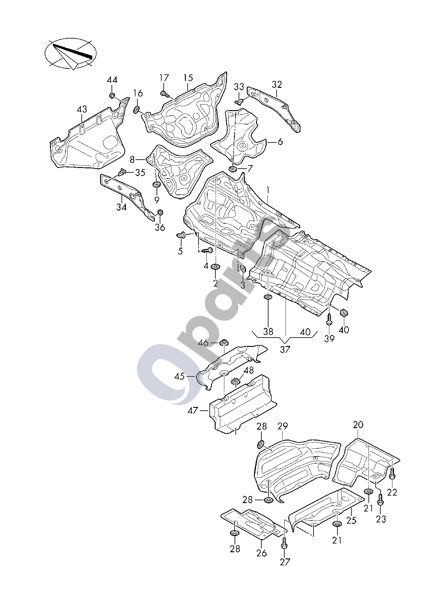 Audi A6 S6 C8 4K (2018–2025) Grindų šilumos skydas schema – Vandens surinkimo dėžės garso izoliacija D - 01.10.2018>>