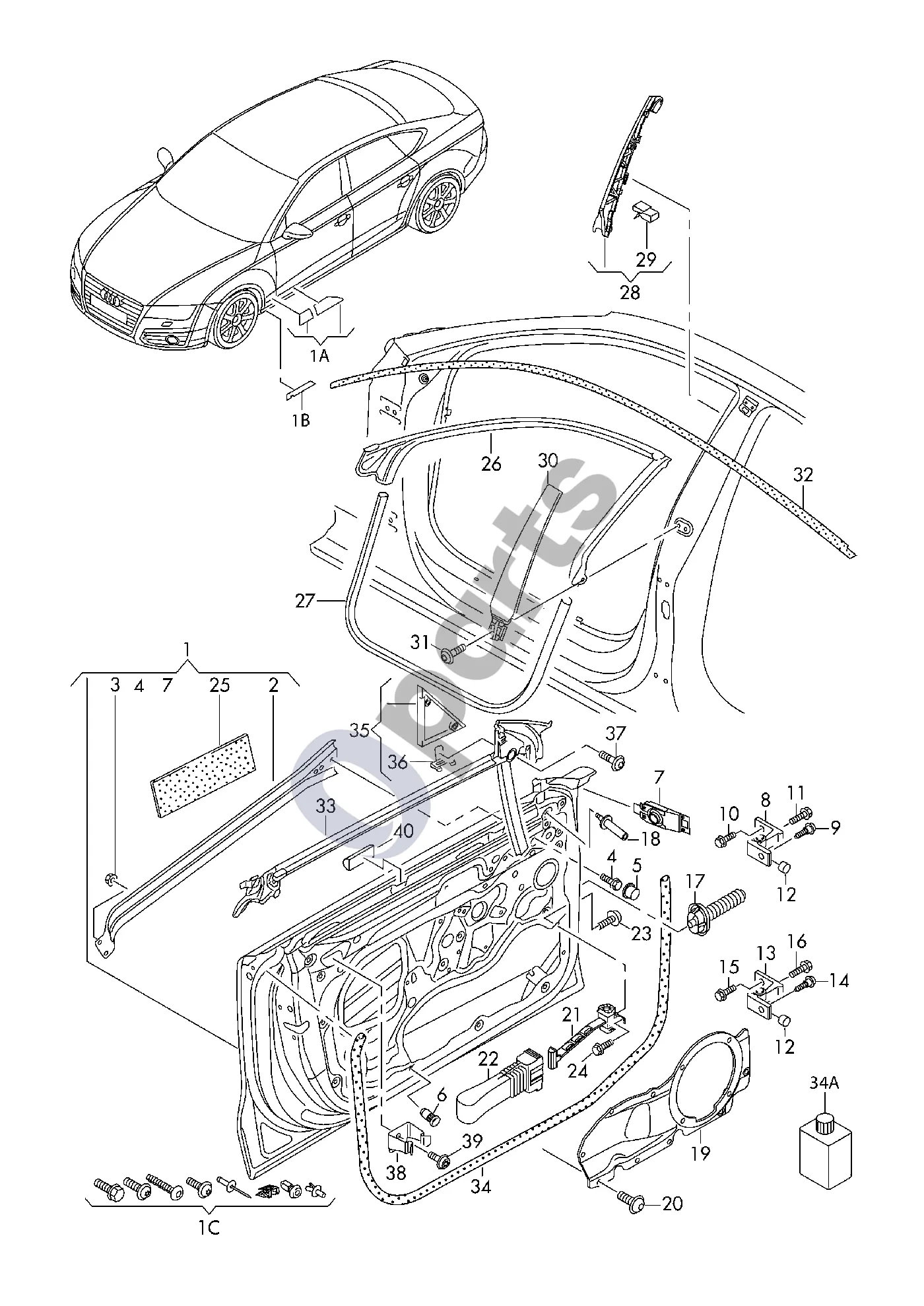 Audi A7 S7 4G (2011–2017) Durys; durų tarpiklis (A7 S7 4G) schema – Durų fiksatorius