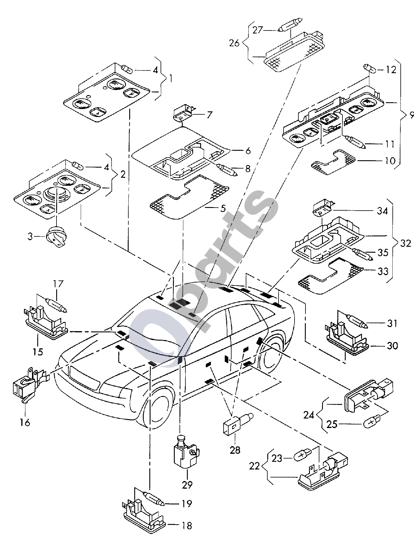 Audi A8 S8 D2 4D (1994–2002) Salono ir skaitymo apšvietimas schema – pozicija 28: Šviesos diodas su laikikliu