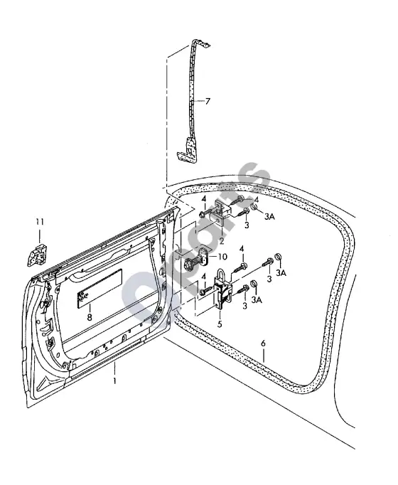 Audi A8 S8 D3 4E durų detalės tvirtinimas; lango rėmas – schema