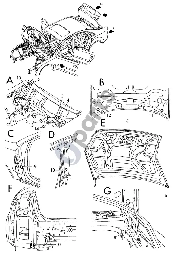 Audi A8 S8 D3 4E kamštis; kėbulo – schema