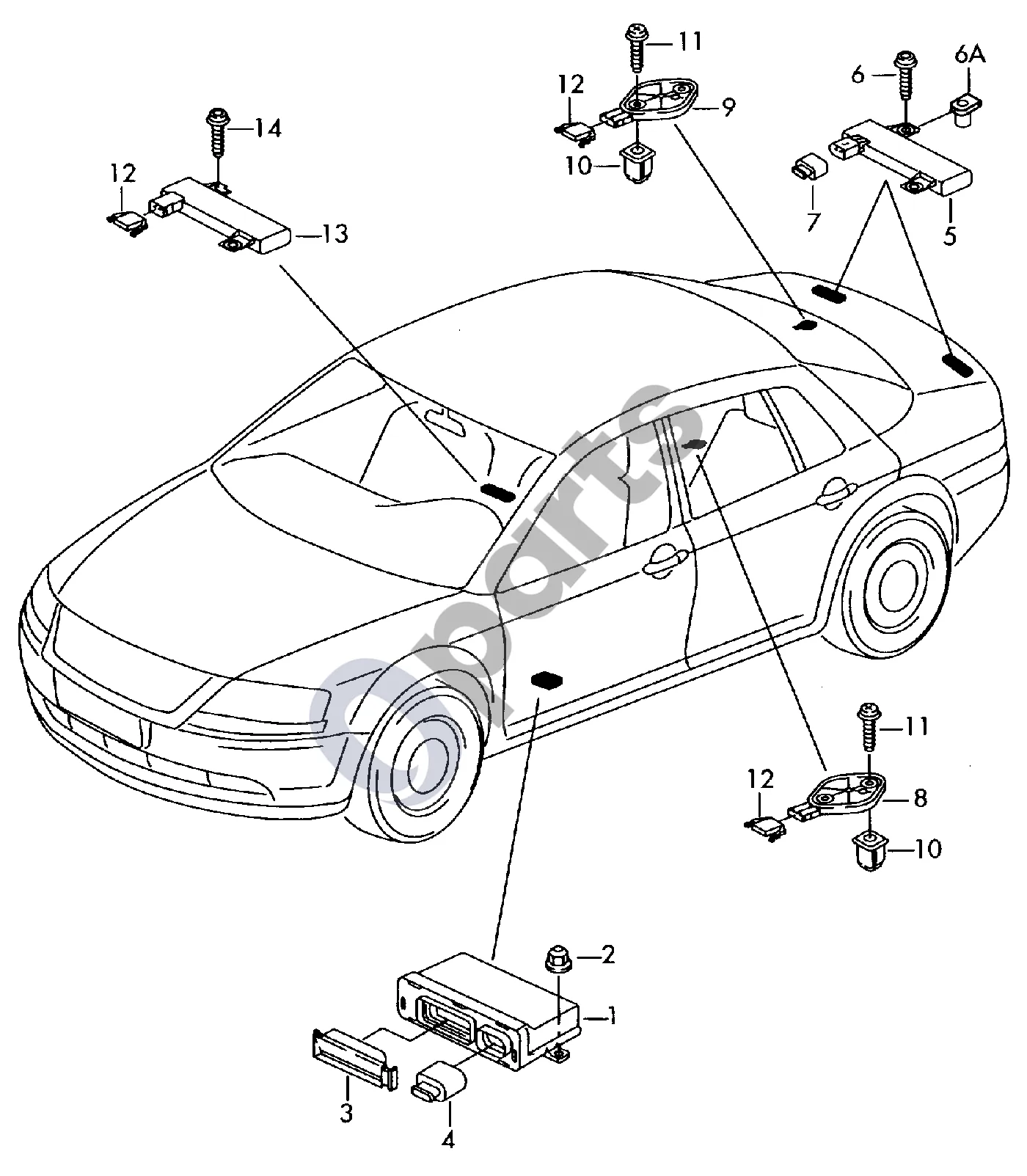 Audi A8 S8 D3 4E (2002–2009) Patekimo ir užvedimo leidimo valdymo blokas schema – pozicija 13: Patekimo ir paleidimo leidimo (KESSY) antena; Pavarų perjungimo svirtis