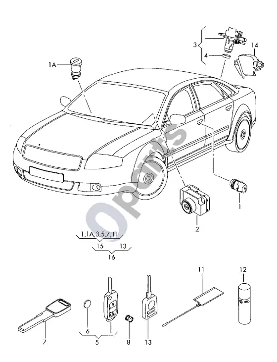 Audi A8 S8 D3 4E spynelės cilindras; raktas – schema
