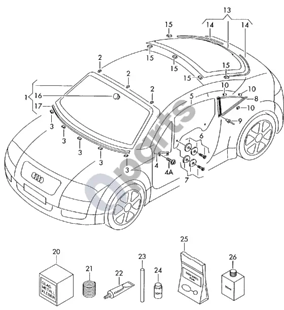 Audi Coupe lango stiklas – schema