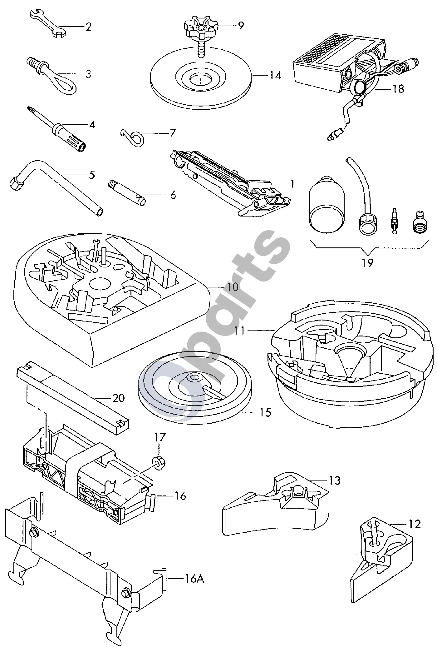 Audi Coupe (1980–2000) Domkratas; įrankis schema – Įrankių dėžė; laikinam atsarginiam ratui
