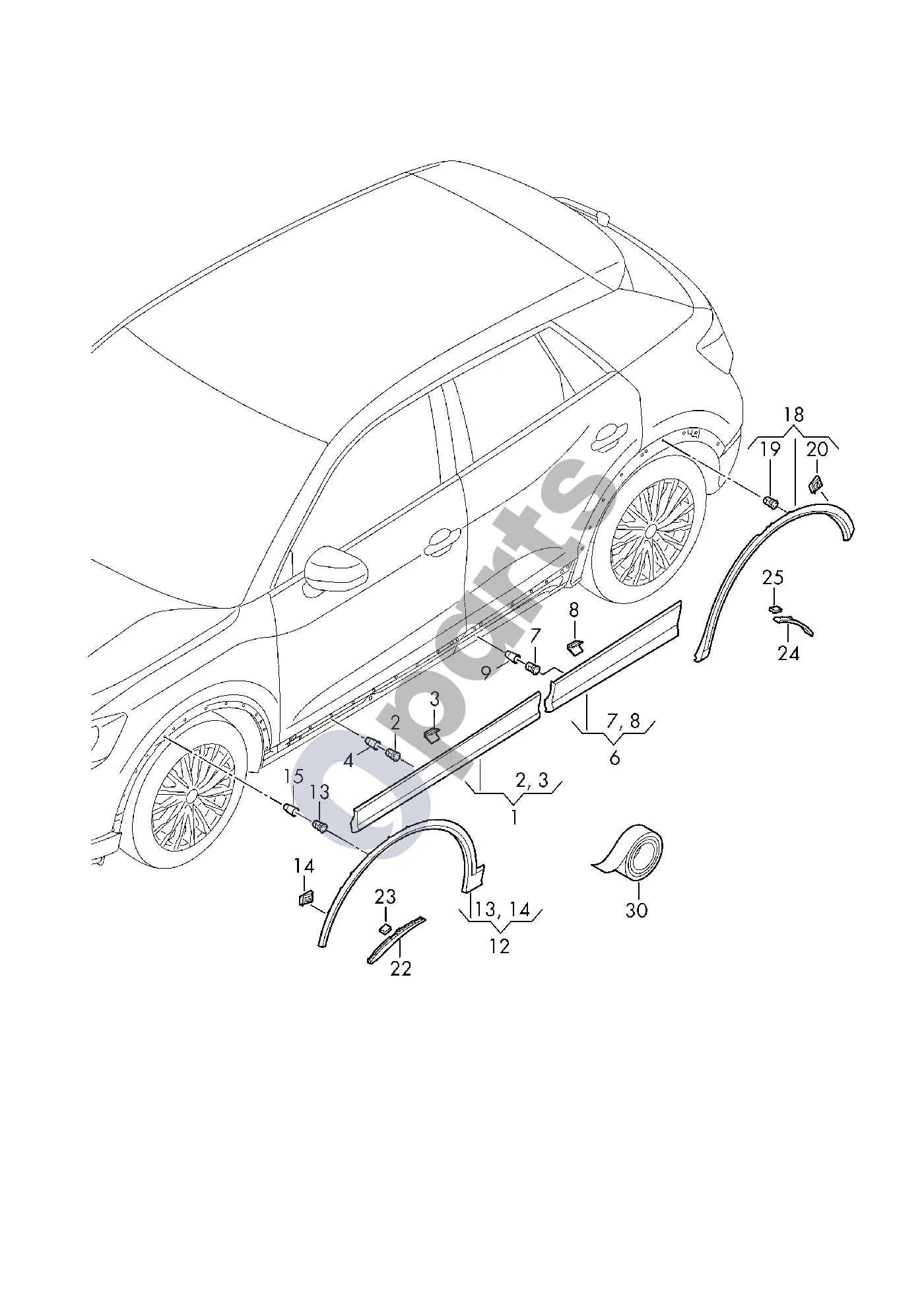 Audi Q2 - Durų dangtis; ratų dangtis schema – pozicija 4: Guminė įvorė