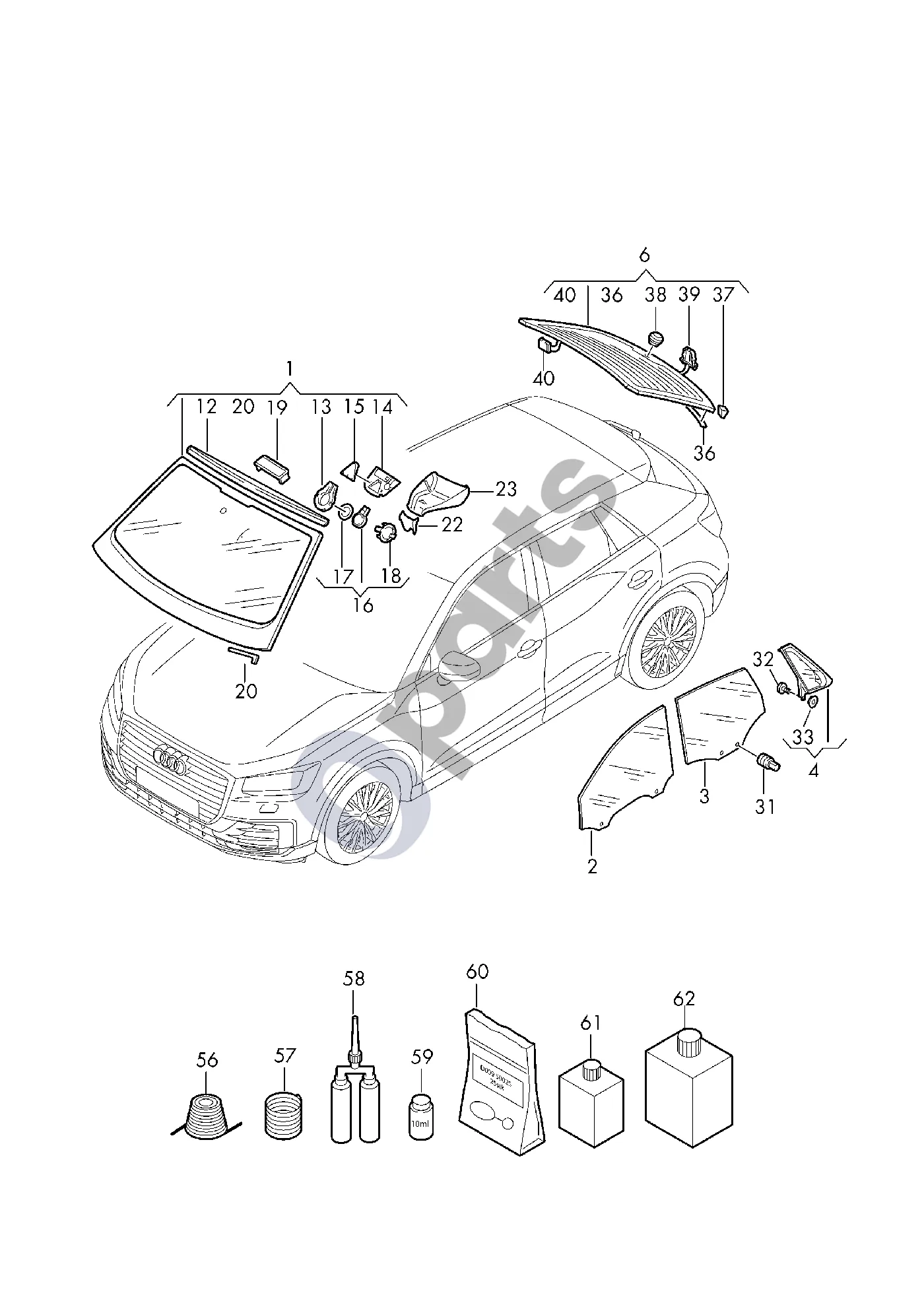 Audi Q2 - Priekinis stiklas schema – Lietaus ir šviesos jutiklis