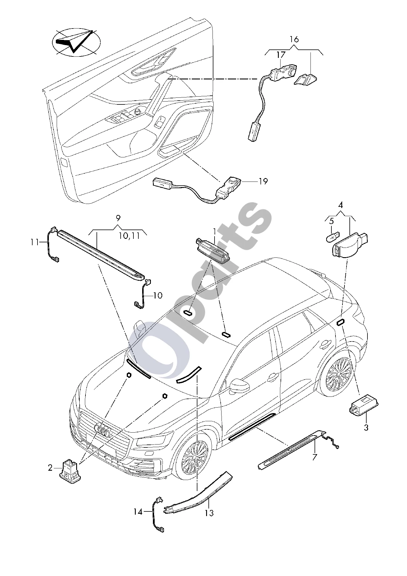 Audi Q2 - Veidrodėlio apšvietimas schema – Slenksčio apdailos juostelė