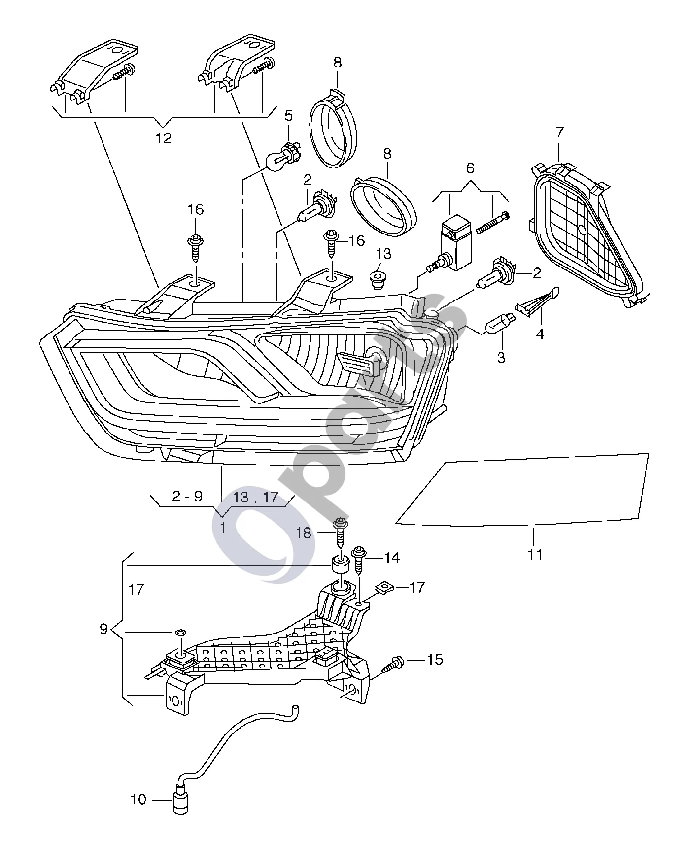 Audi Q3 8U (2011–2016) Halogeninis žibintas schema – Dangtelis
