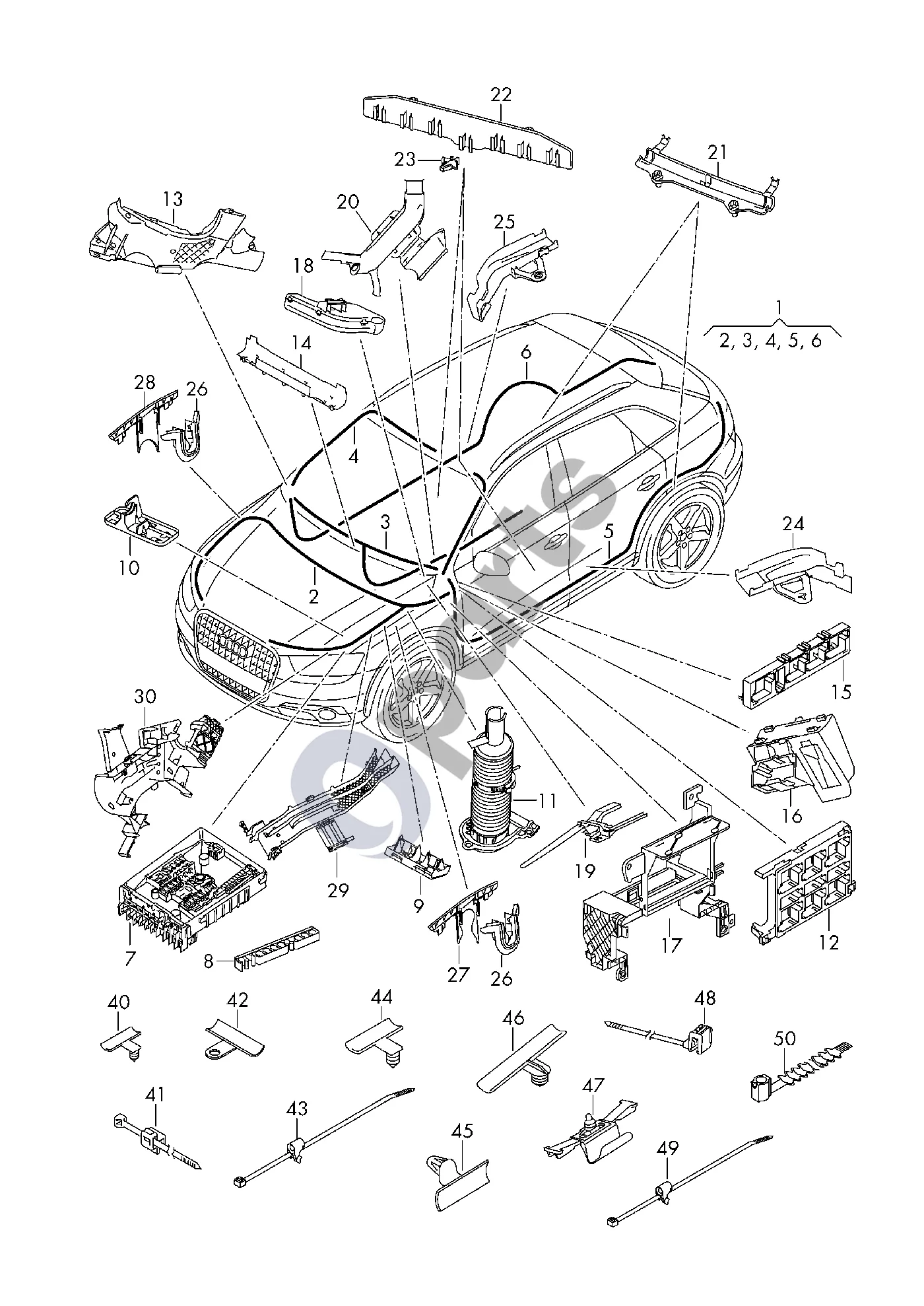 Audi Q3 8U (2011–2016) Salono laidų pynė schema – pozicija 29: Laidų kreiptuvas; Išilginė sija