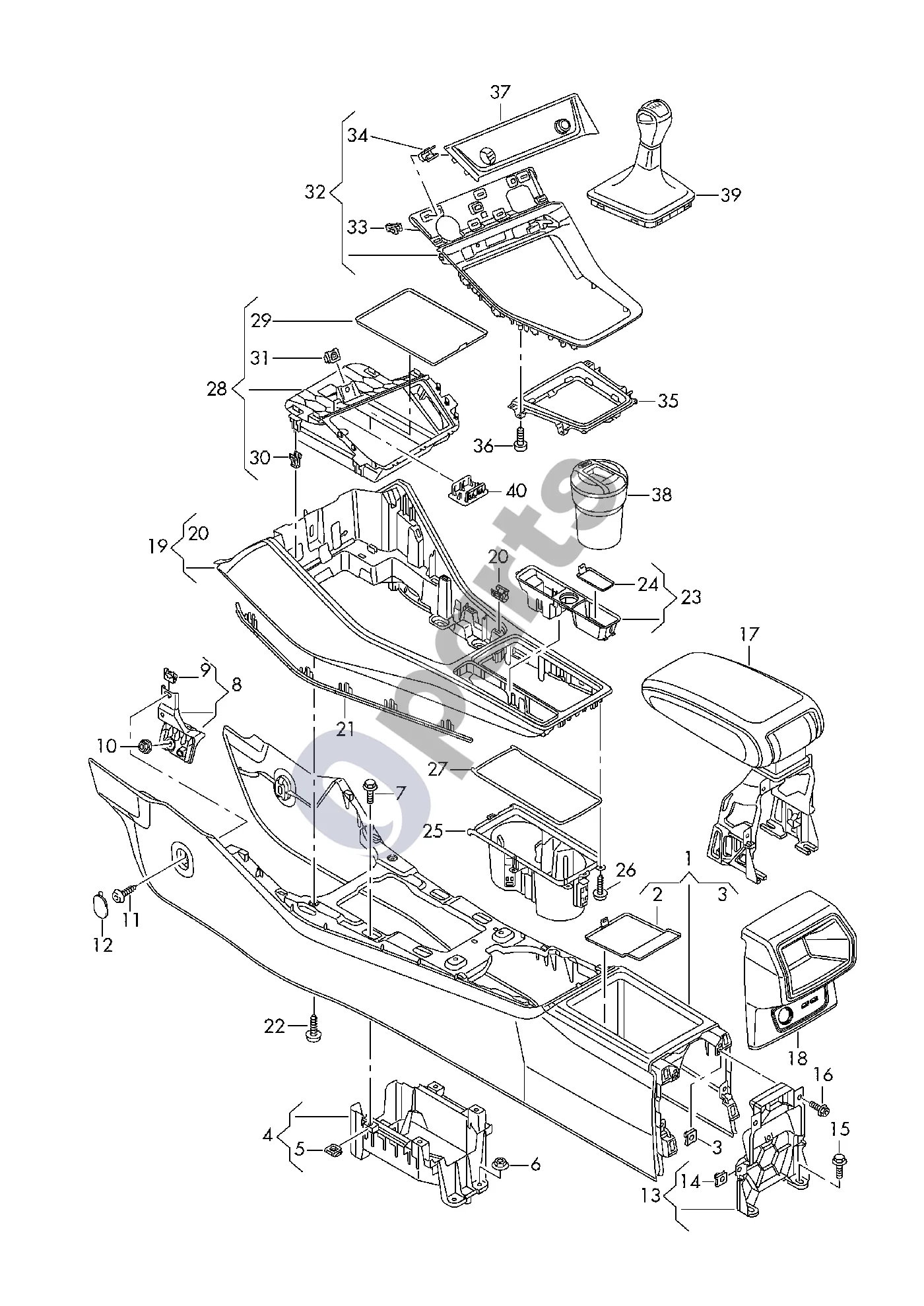 Audi Q3 F3 (2018–2025) Centrinė konsolė schema – pozicija 23: Switch mounting with stowage compartment