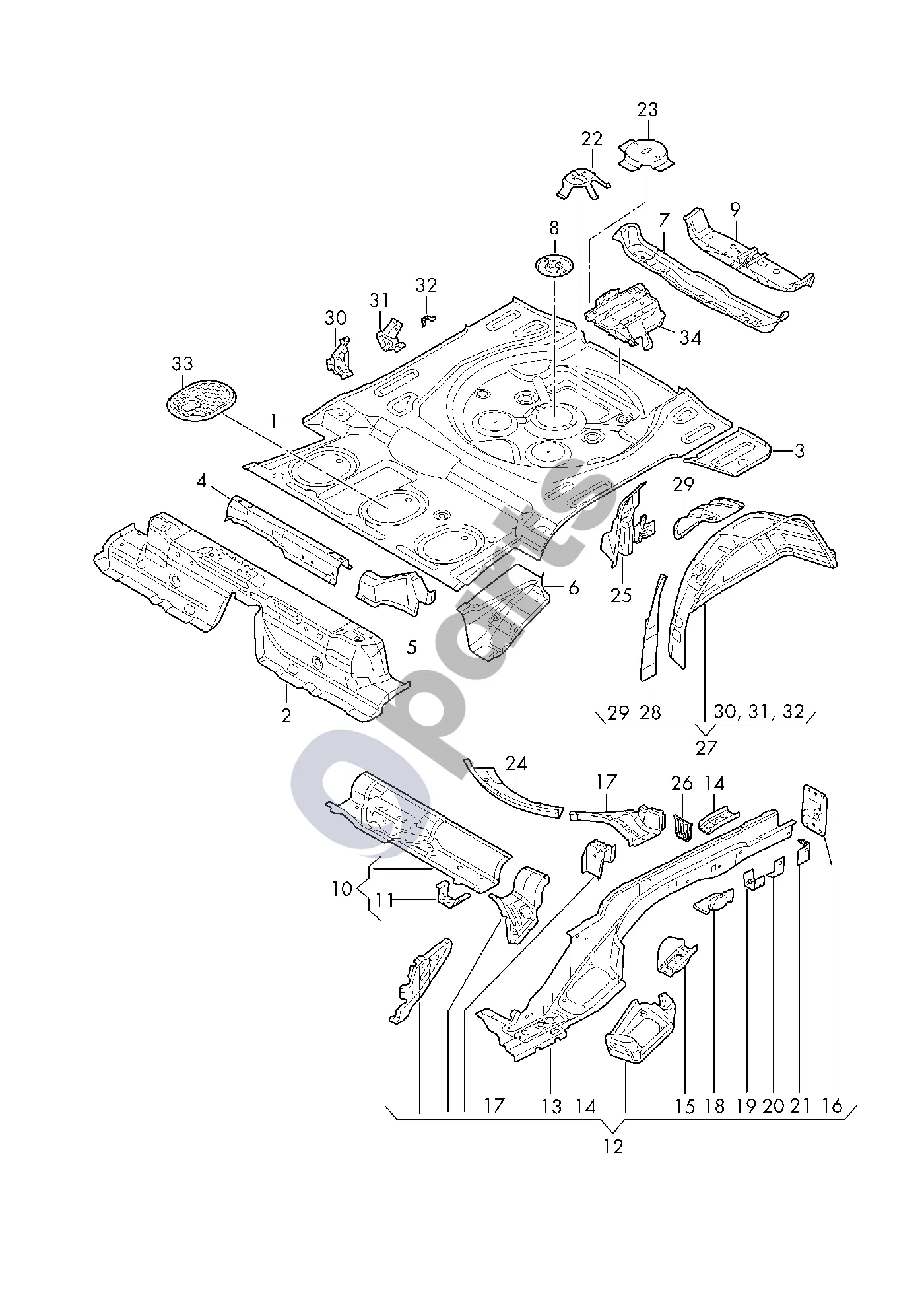 Audi Q3 F3 (2018–2025) Grindų plokštė; lonžeronas schema – pozicija 1: Apatinė plokštė