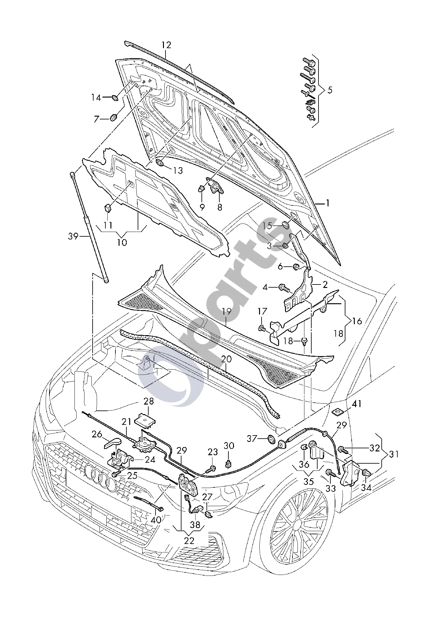 Audi Q3 F3 (2018–2025) Variklio dangtis schema – pozicija 20: Vandens dėžės sandariklis