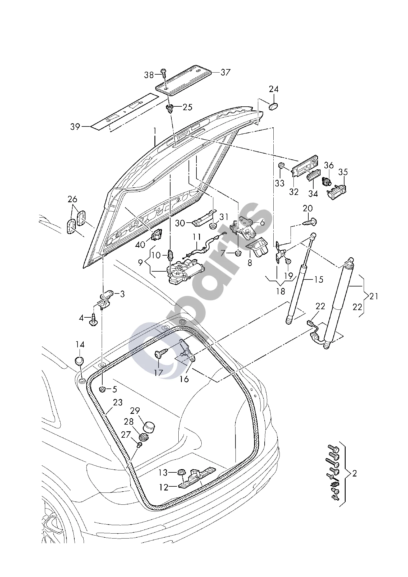 Audi Q4 e-tron (2021–) Galinis dangtis schema – pozicija 21: Pavara; Galiniam dangčiui