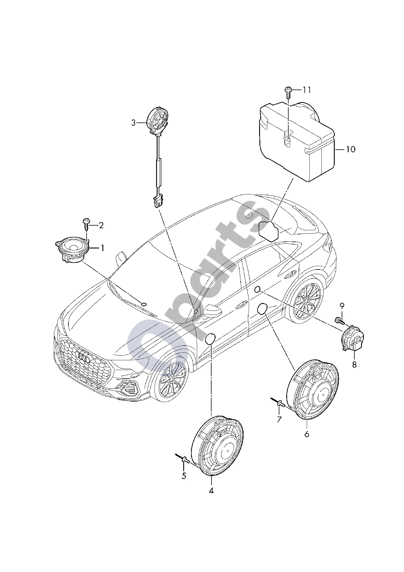 Audi Q4 e-tron (2021–) Garsiakalbis; prietaisų skydelis schema – pozicija 4: Žemųjų dažnių garsiakalbis