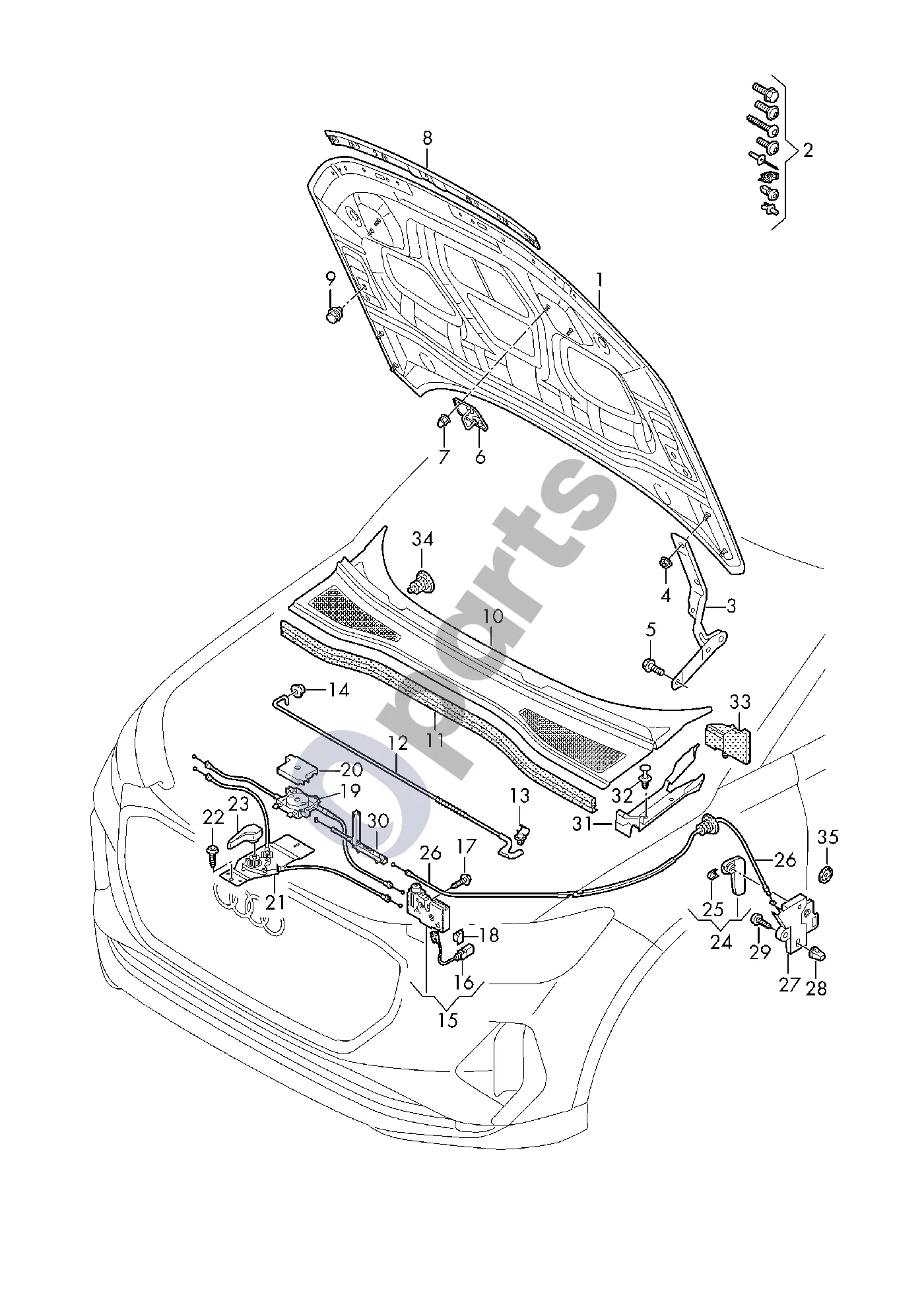 Audi Q4 e-tron (2021–) Variklio dangtis schema – pozicija 27: Kronšteinas